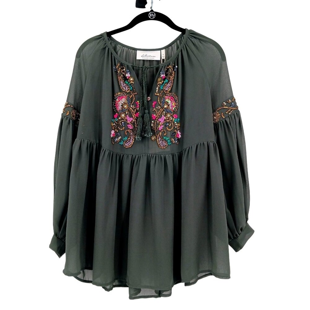 La Bellum Hillary Scott Green Beaded Boho Blouse XS Long Sleeve Festival NWT